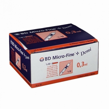 Micro-fine  insulinespuiten 30G 0,30x8mm 0,3ml - 100 stuks